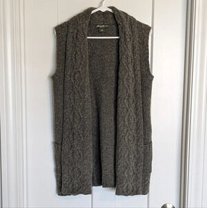 Eddie Bauer Sleeveless Wool Open Front Cardigan Green Cable Knit sz L